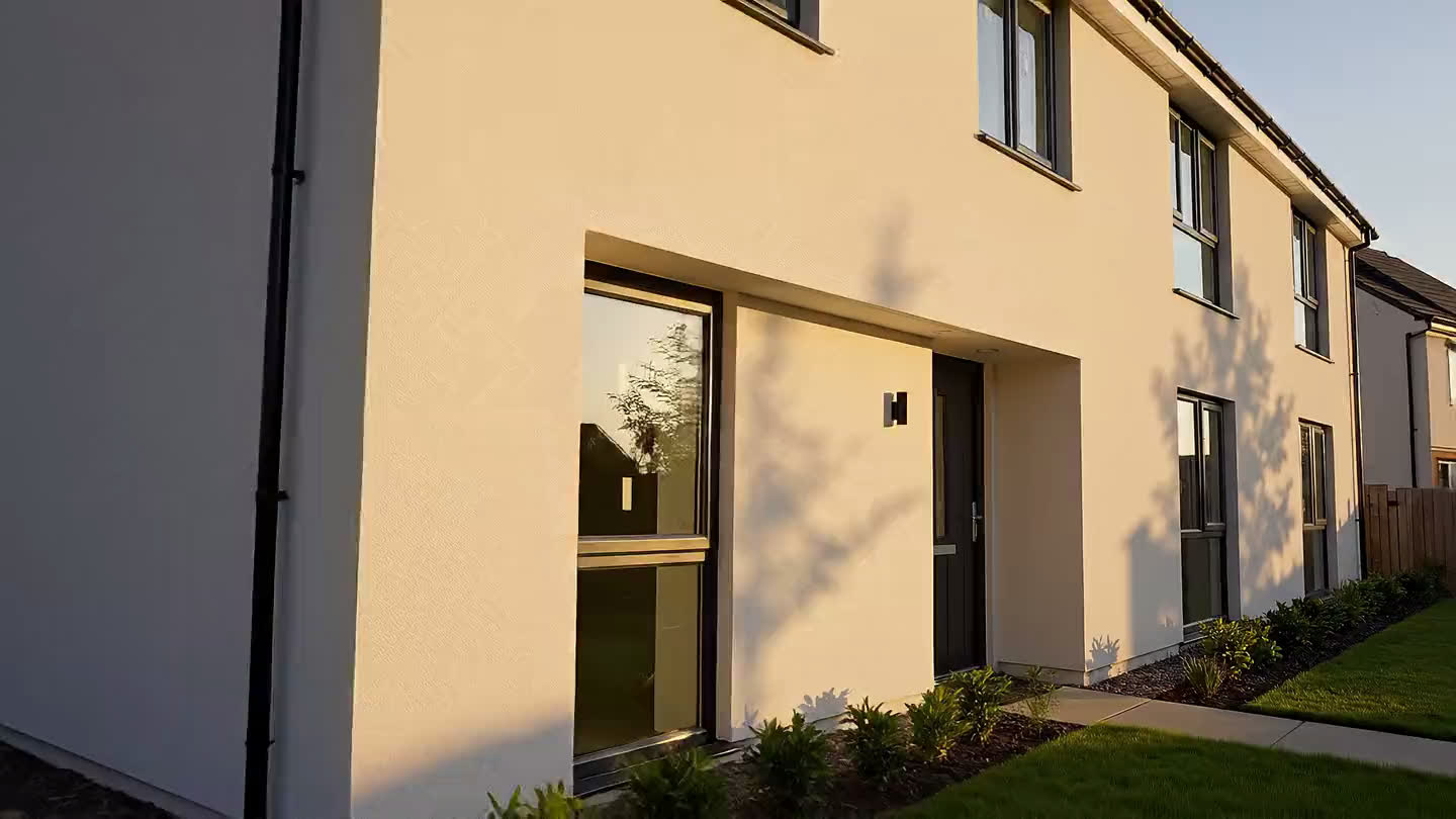 Cream silicone-rendered house front lit by low evening sun, whole elevation seen from the pavement