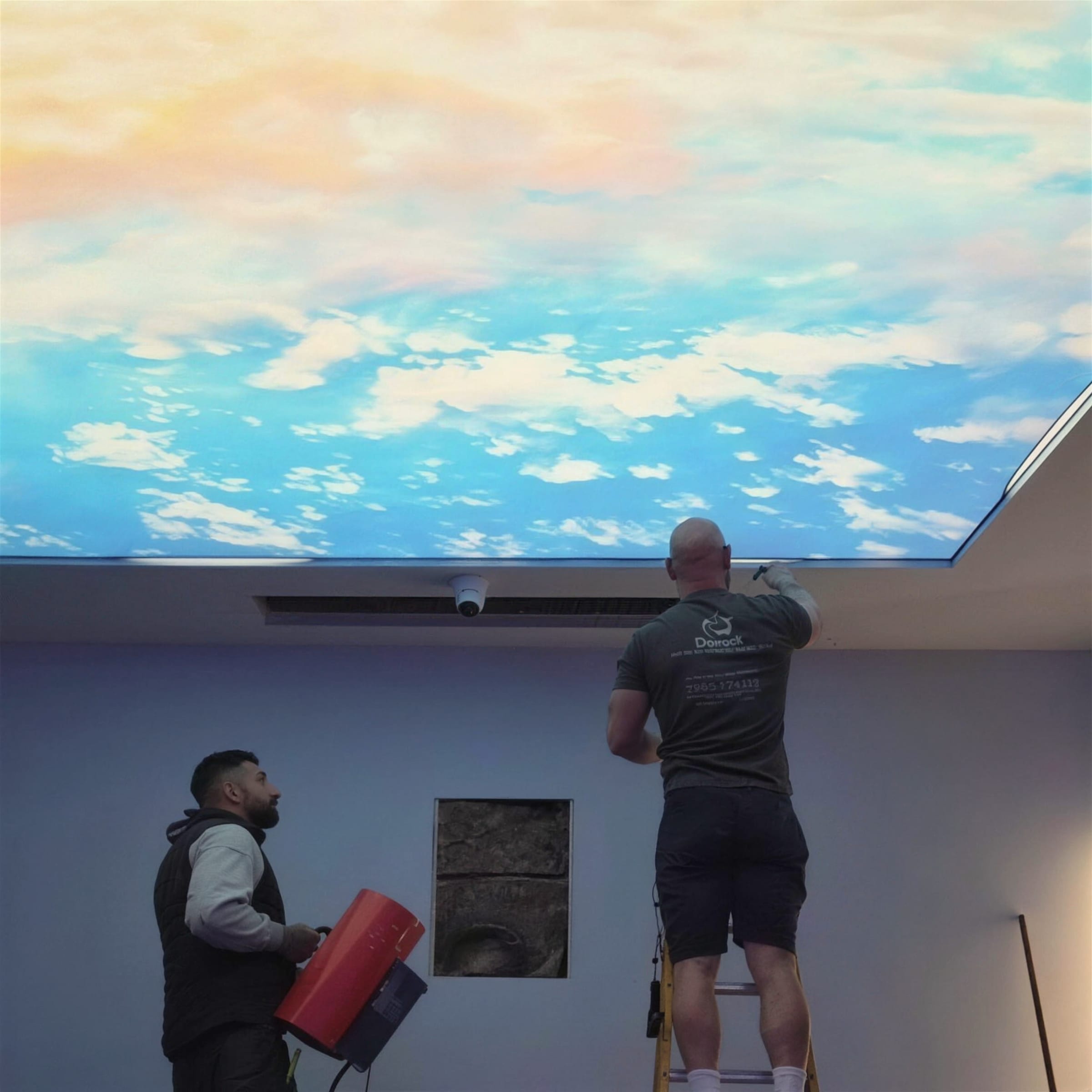 Two installers fit a backlit sky-print stretch ceiling, one on a ladder at the panel edge, the printed clouds glowing above the room.
