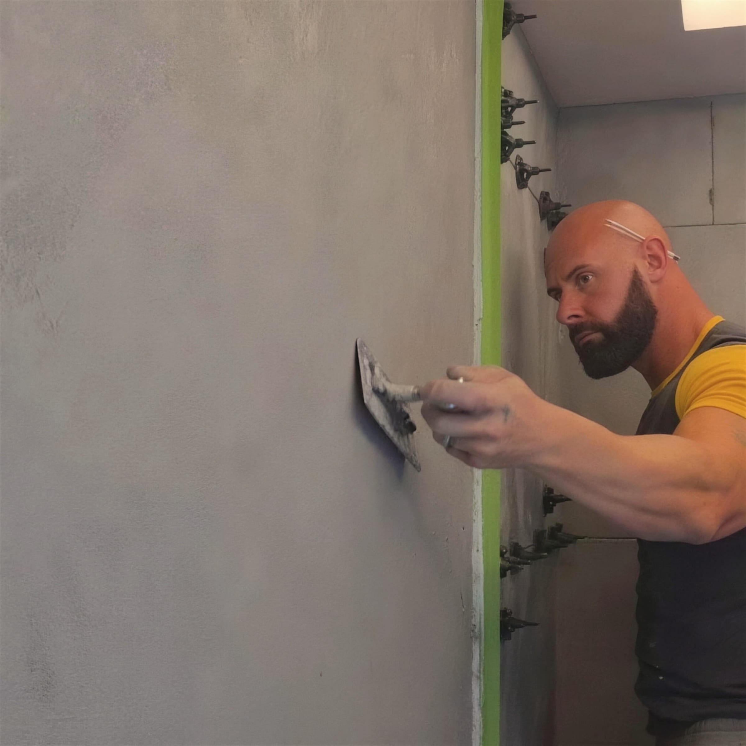 Darren reaches across a large textured grey wall with a spatula, arm extended mid-stroke, green tape protecting the adjoining edge.
