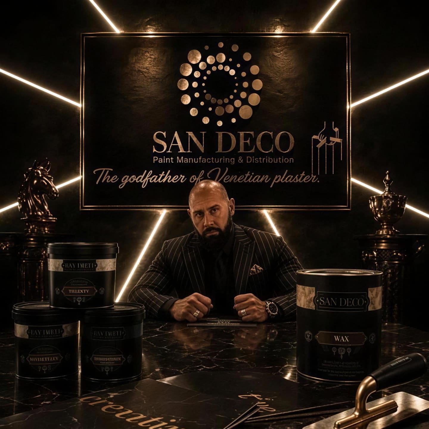 Framed San Deco campaign poster of Daros, its own strapline naming him the godfather of Venetian plaster.