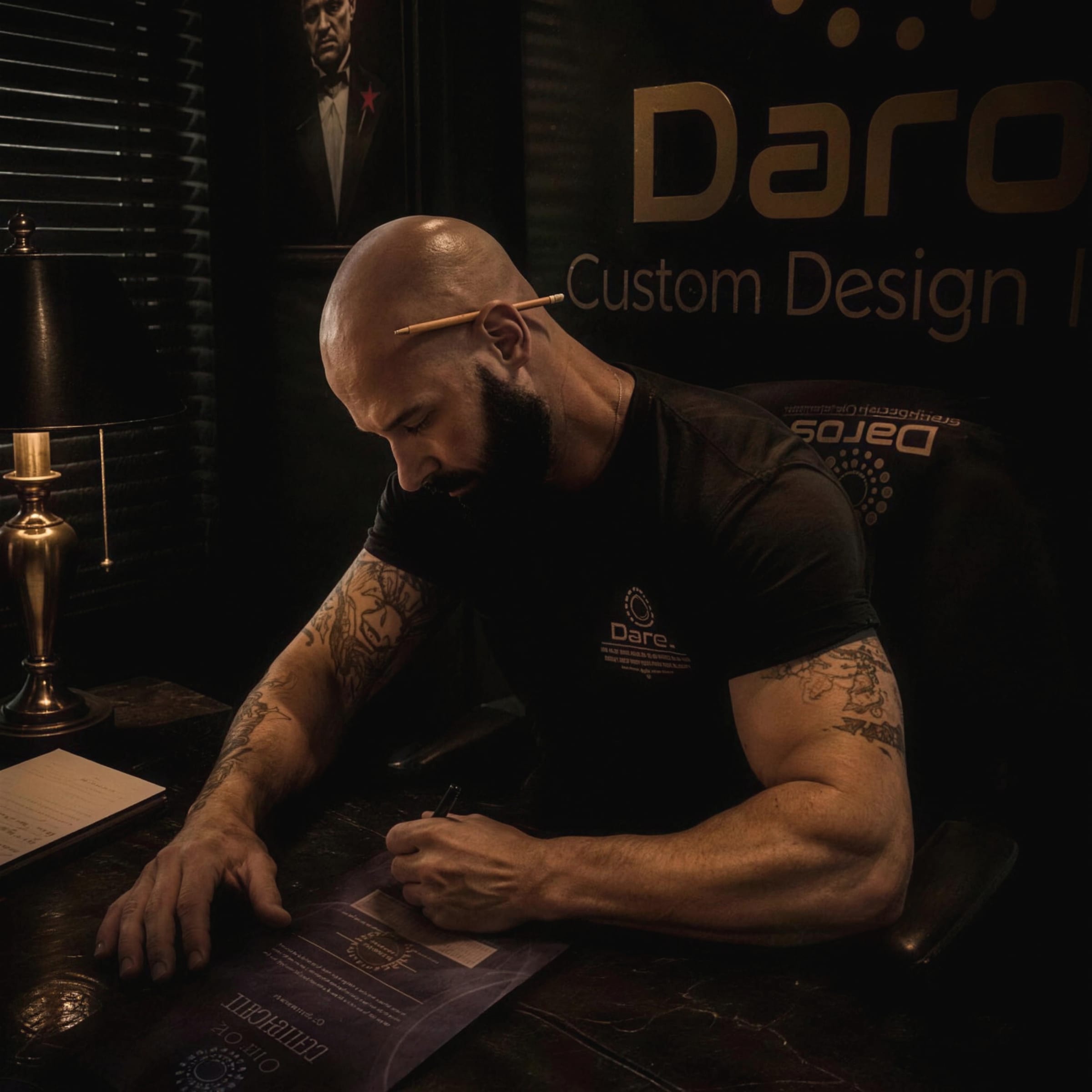 Daros at his desk signing a training certificate