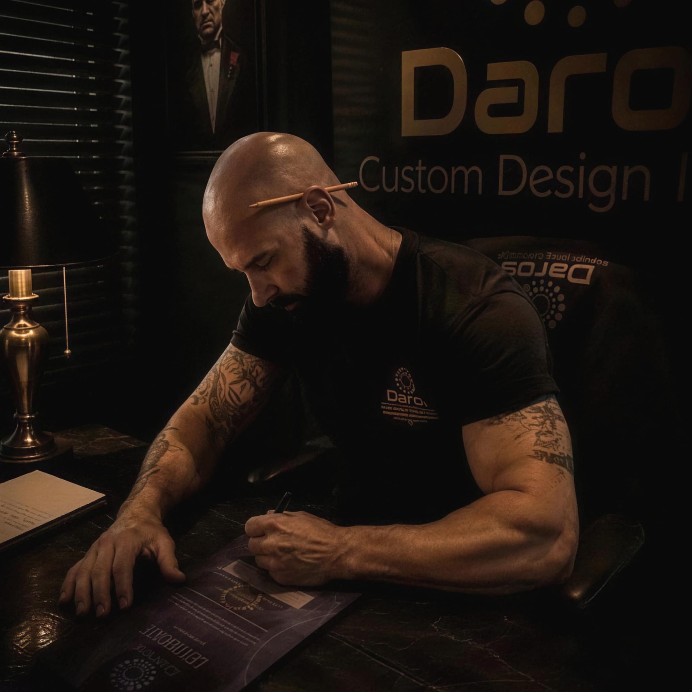 Daros at his desk in Bridgend, pen in hand, the gold Daros lockup on the wall behind him