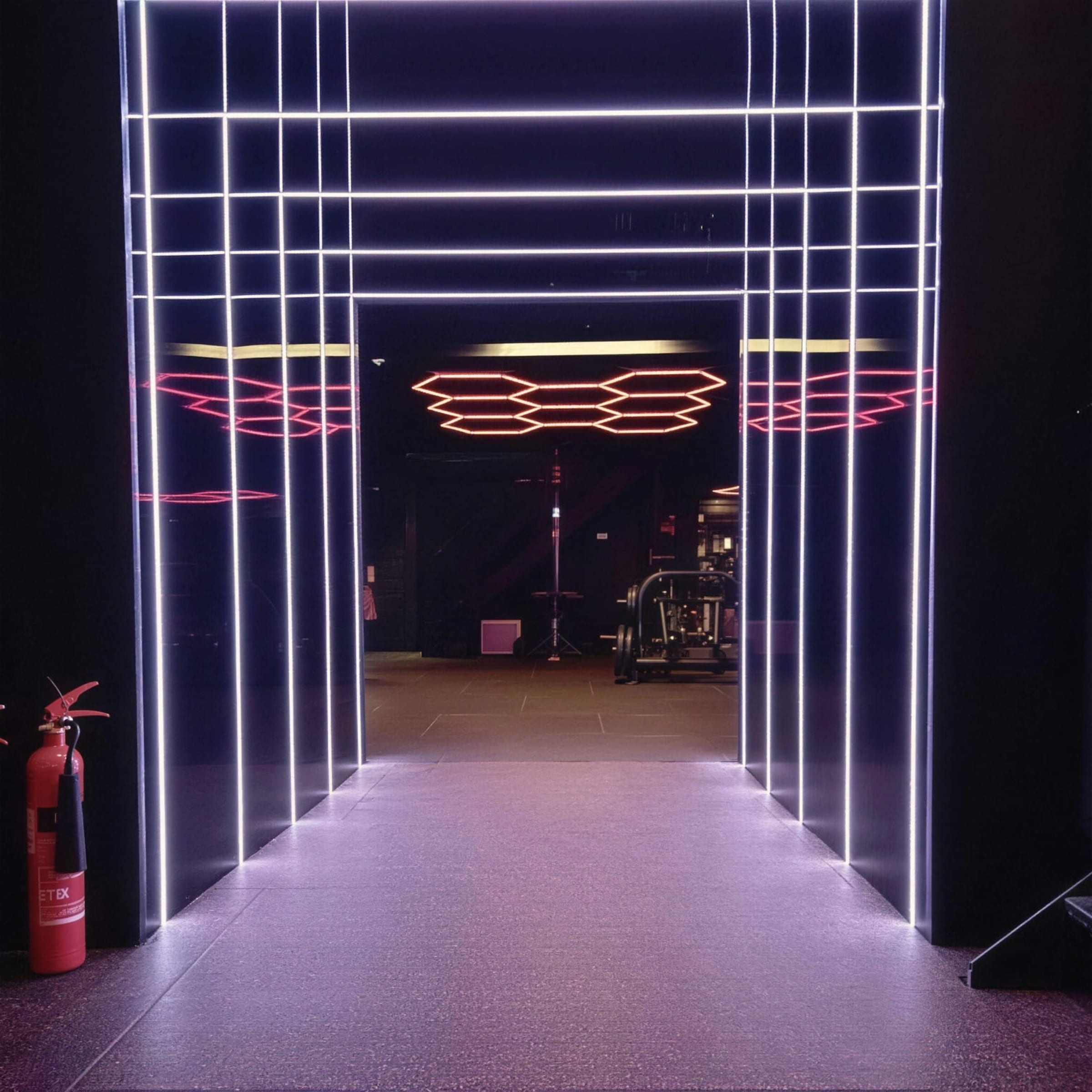 Cool-white LED grid portal framing red hexagonal ceiling lights in the room beyond, glowing walkway below.