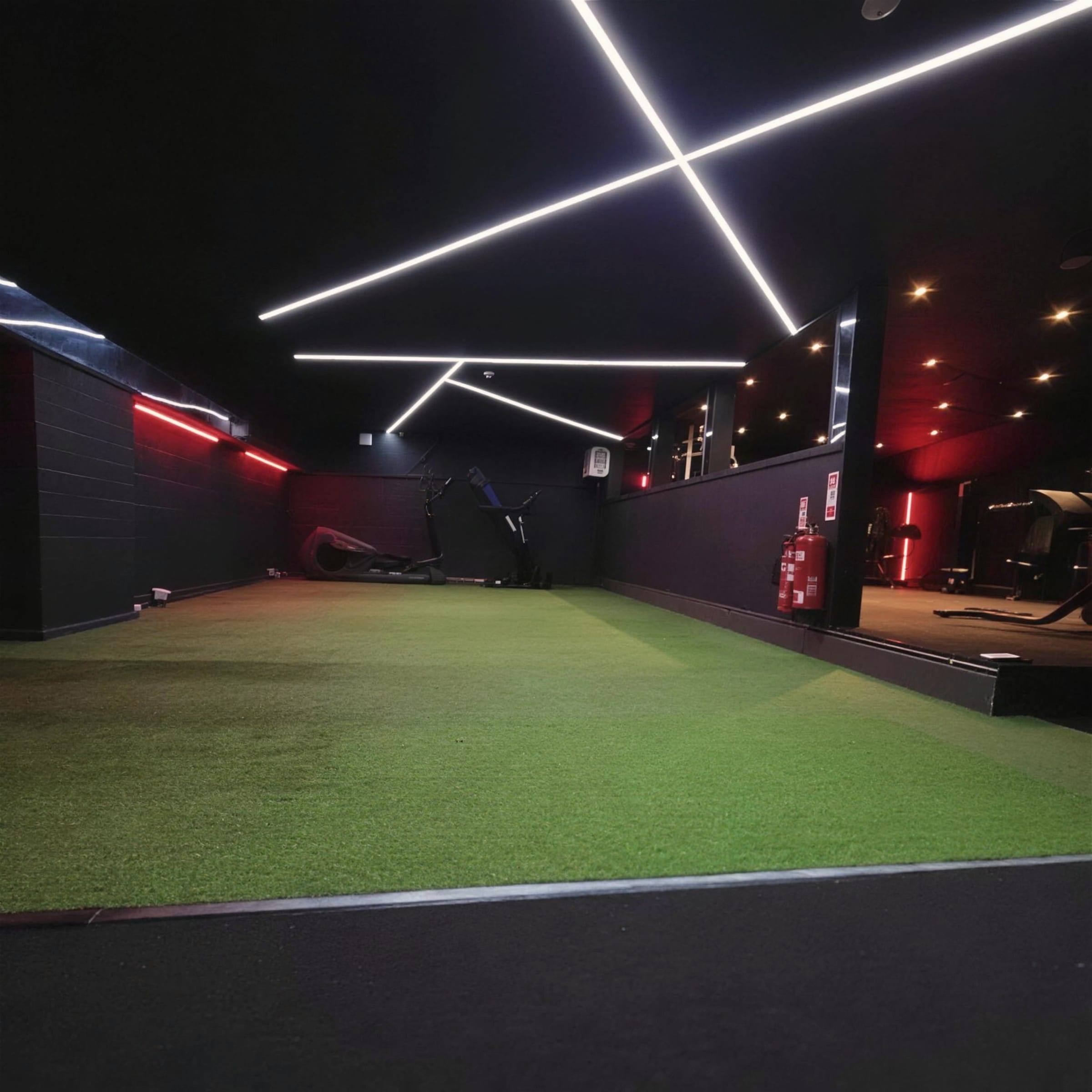 Astro-turf training zone under crossing white LED beams on a black ceiling, red accents on the far wall.