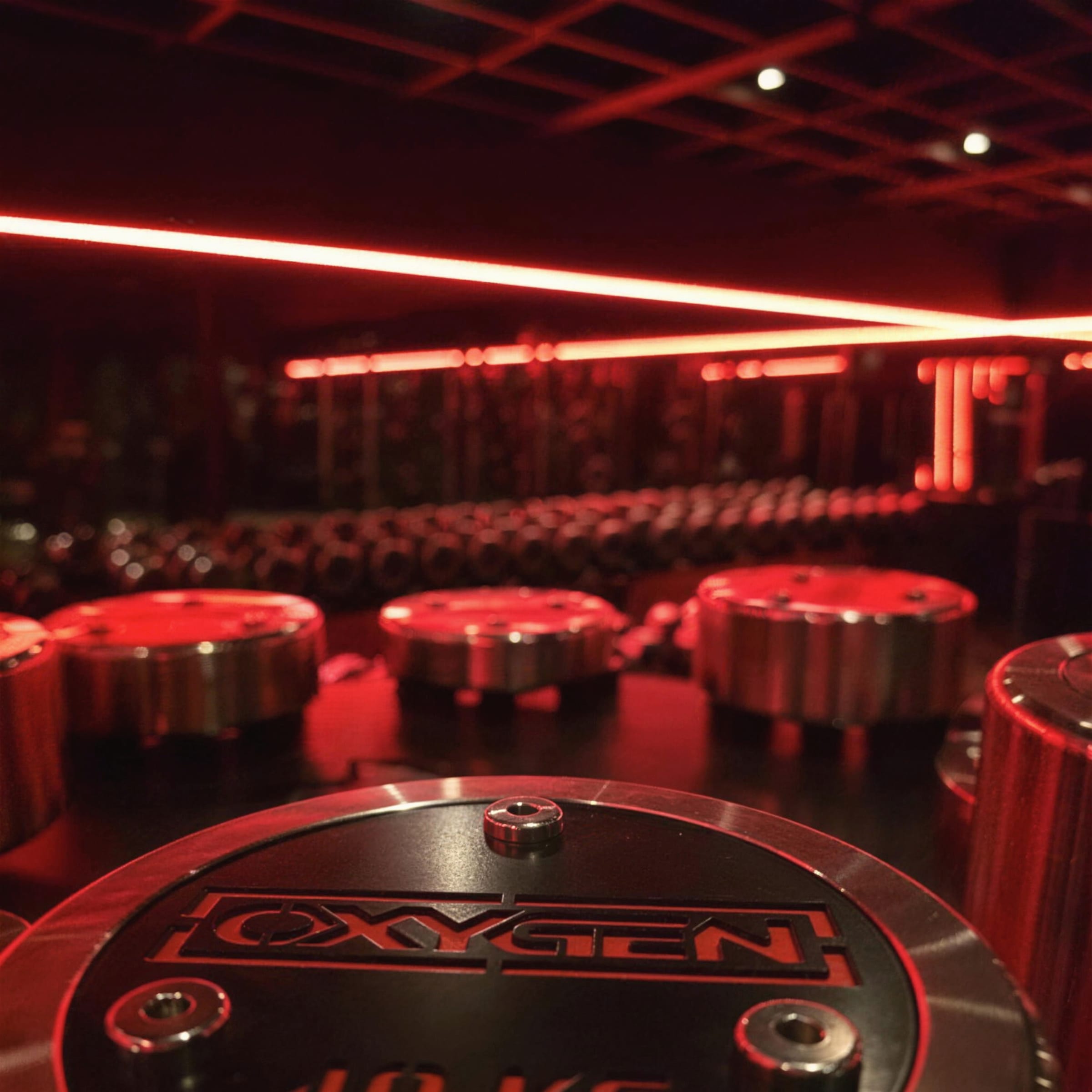 Branded steel weight plates in sharp foreground with the red-lit weights floor receding behind.