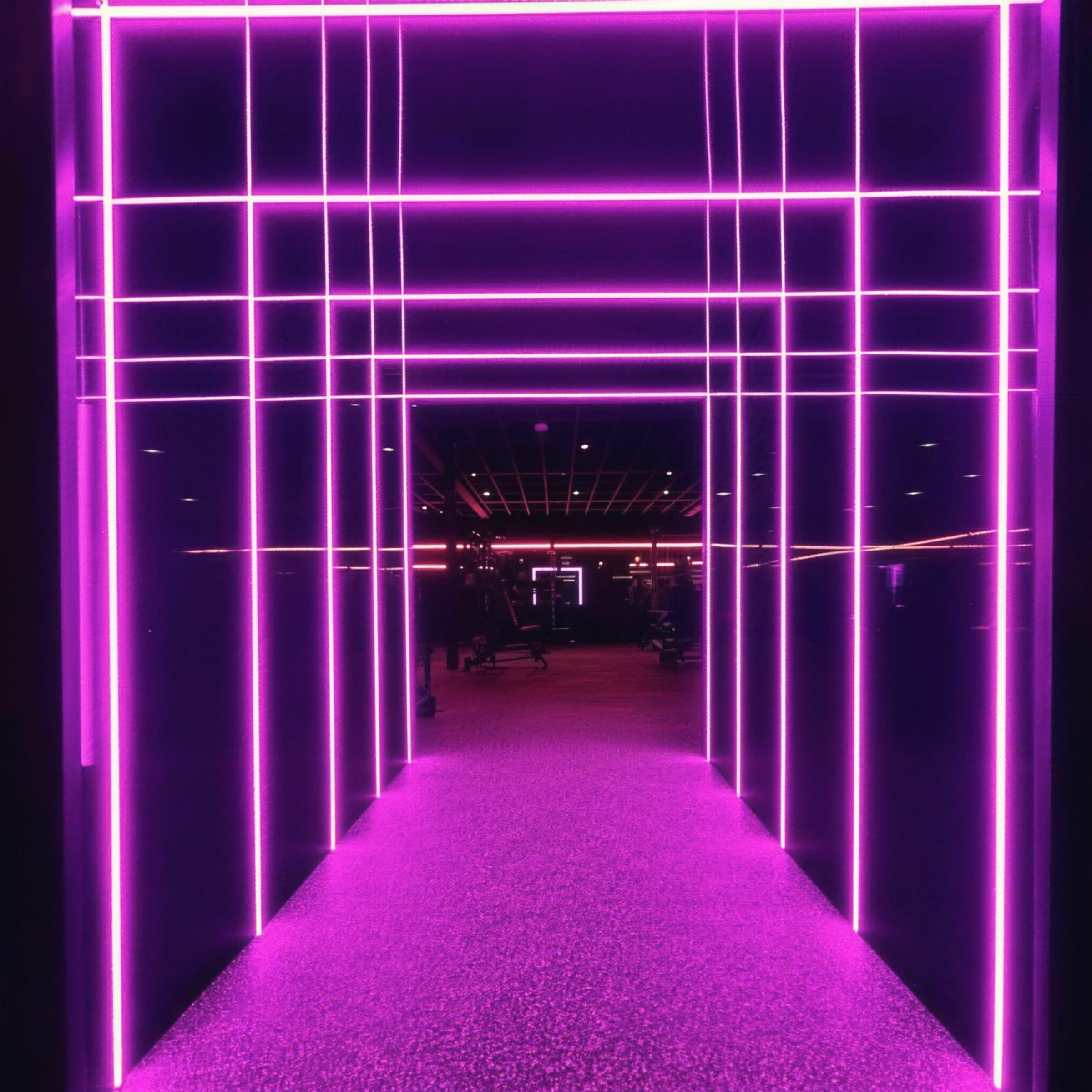 Corridor lined floor to ceiling with violet neon LED battens receding into a gym