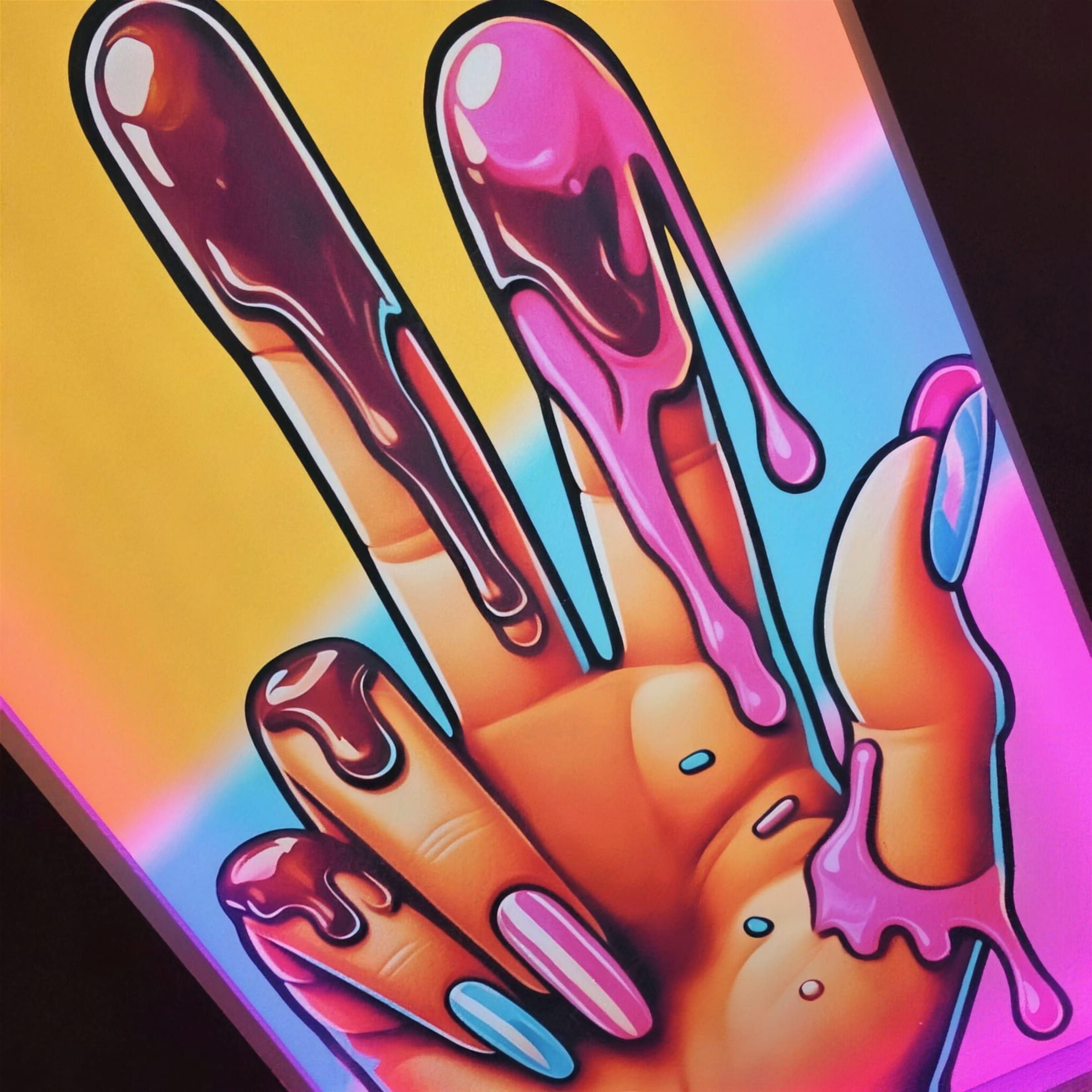 Crisp frame-filling view of a vividly printed pop-art dripping-hand artwork glowing on an edge-lit LED lightbox panel.