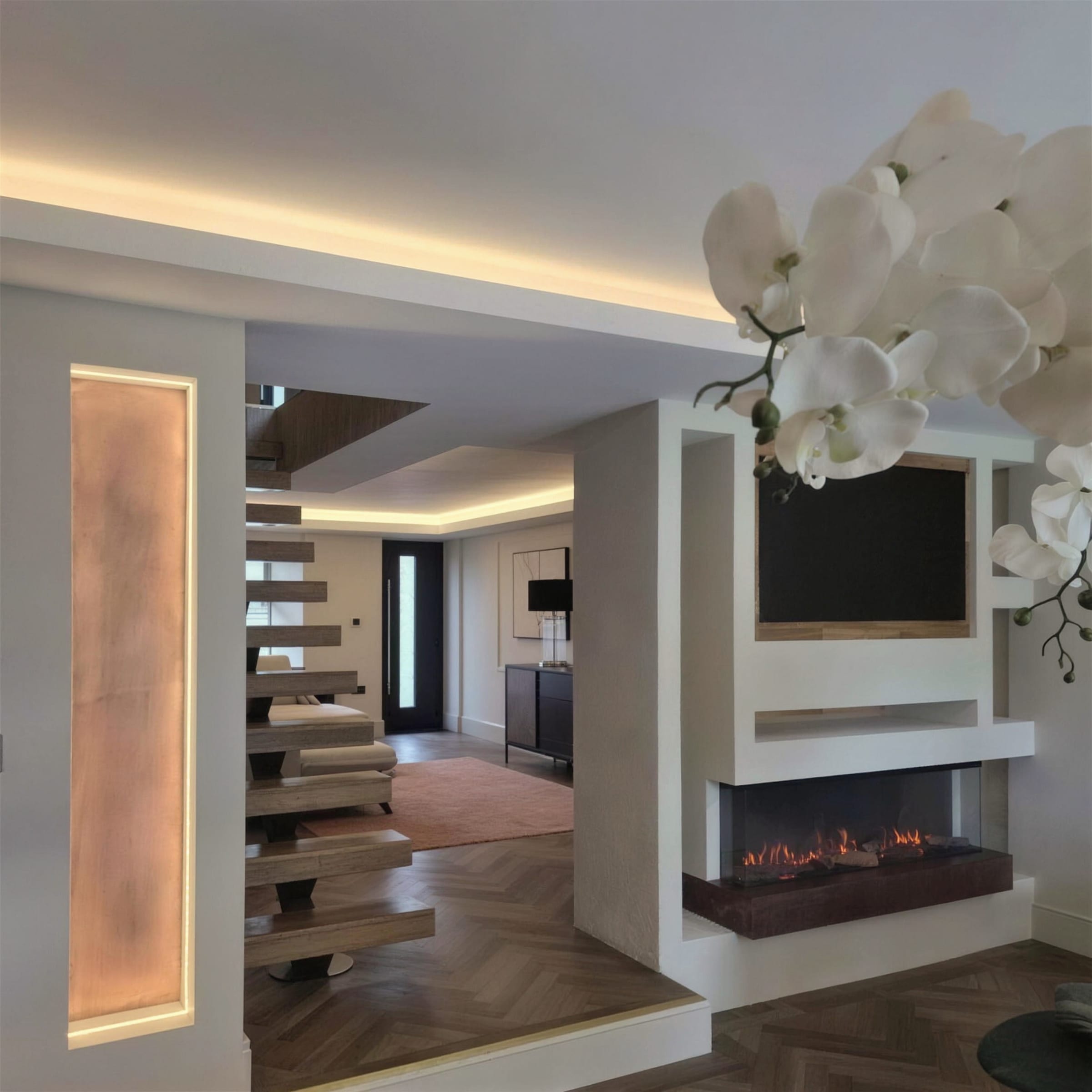 View past white orchids to a backlit copper plaster niche, floating staircase and inset media fireplace beneath cove lighting.