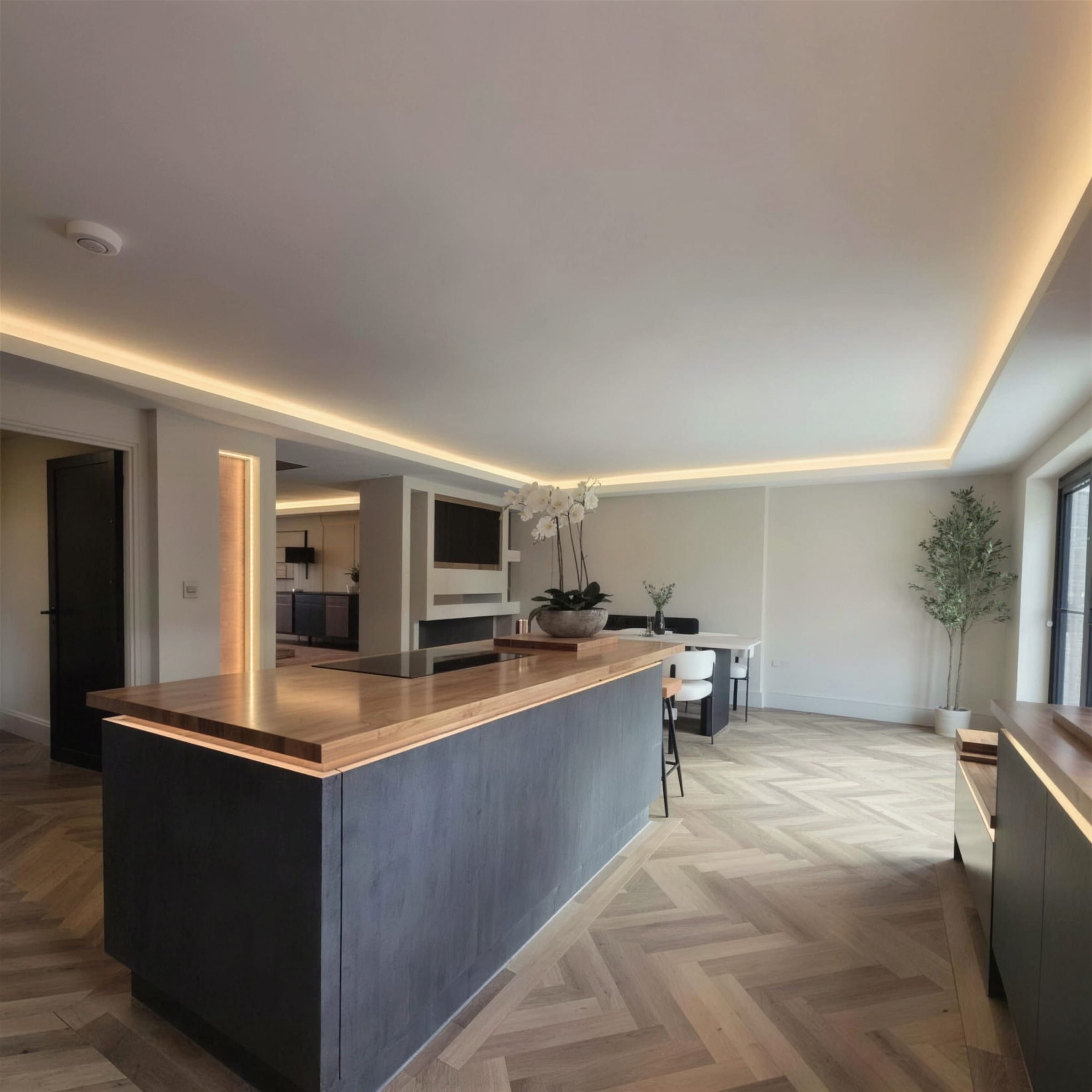 Wide open-plan kitchen-diner with continuous warm LED cove around a stepped ceiling, dark island and herringbone floor.