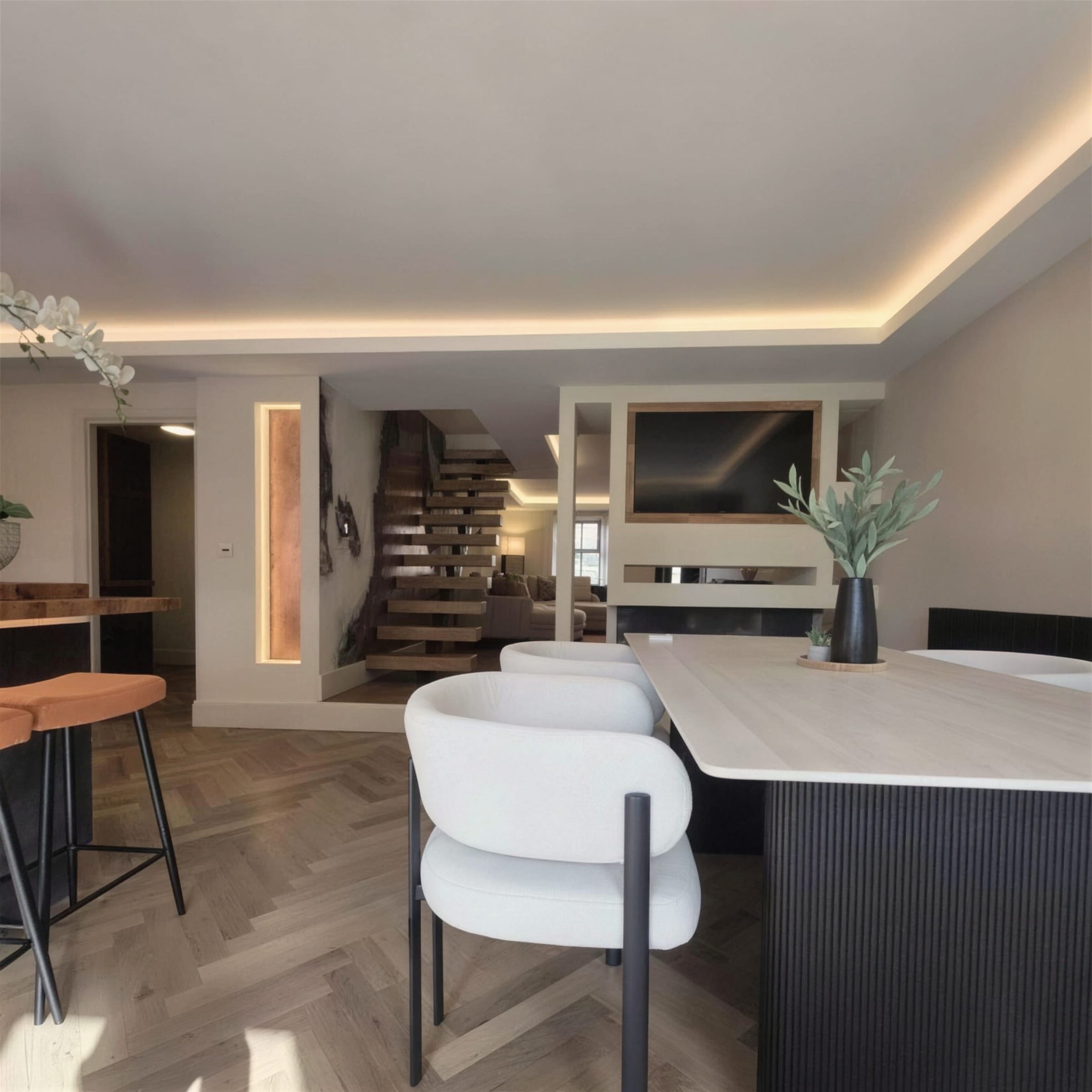 Open-plan living-diner with warm LED cove ceiling, marble-topped island, cream boucle chairs and floating oak stairs beyond.