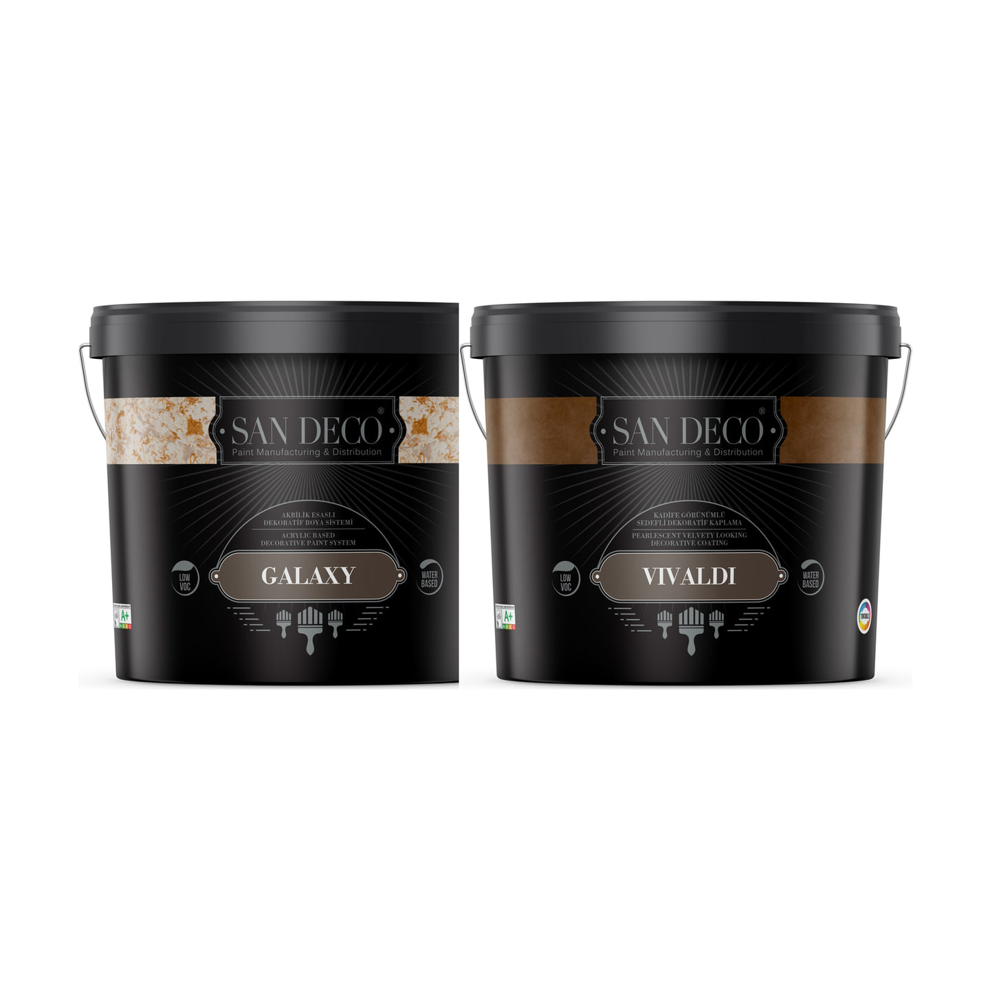 Two San Deco effect-coating tubs side by side — Galaxy and Vivaldi.