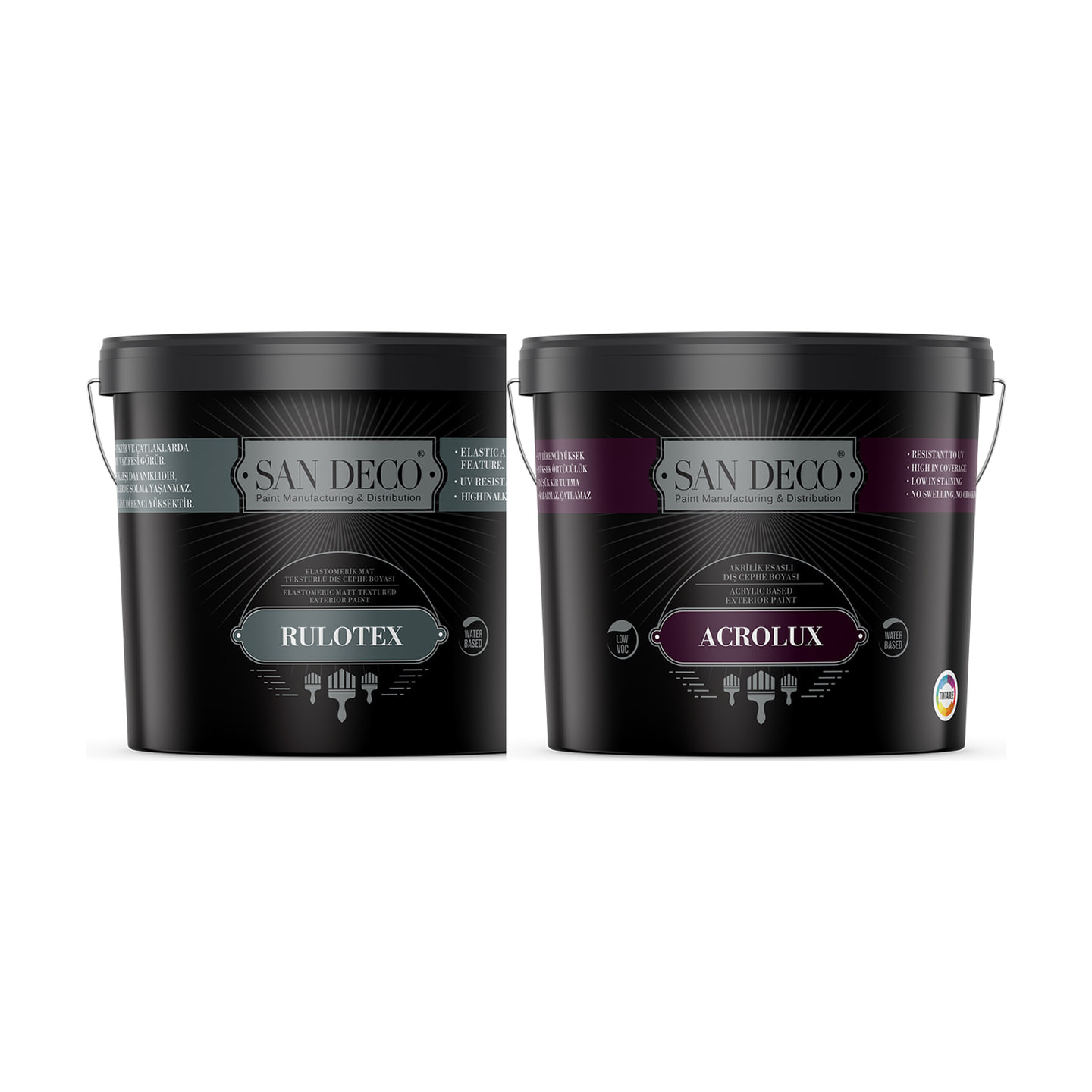 Two San Deco exterior tubs side by side — Rulotex and Acrolux.