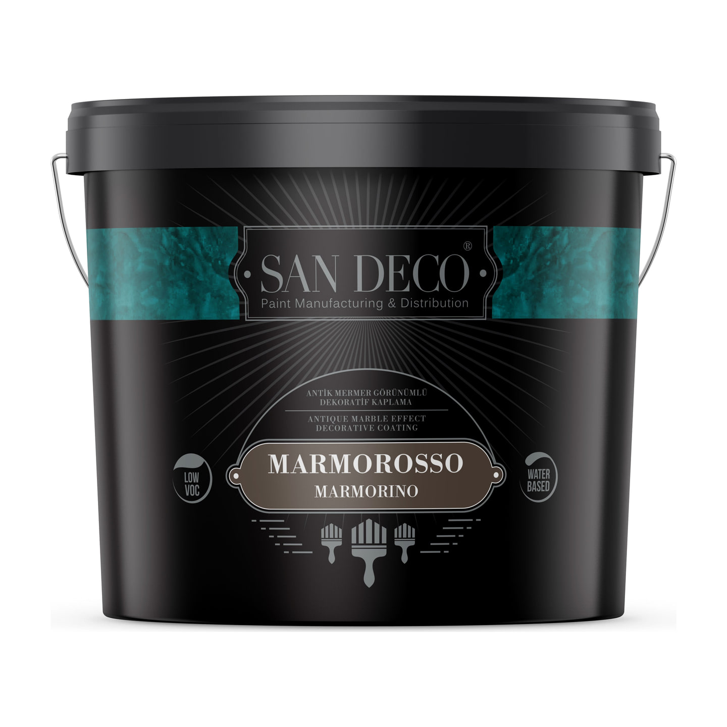 San Deco's own packshot of the Marmorosso Marmorino tub, marble-effect label band.