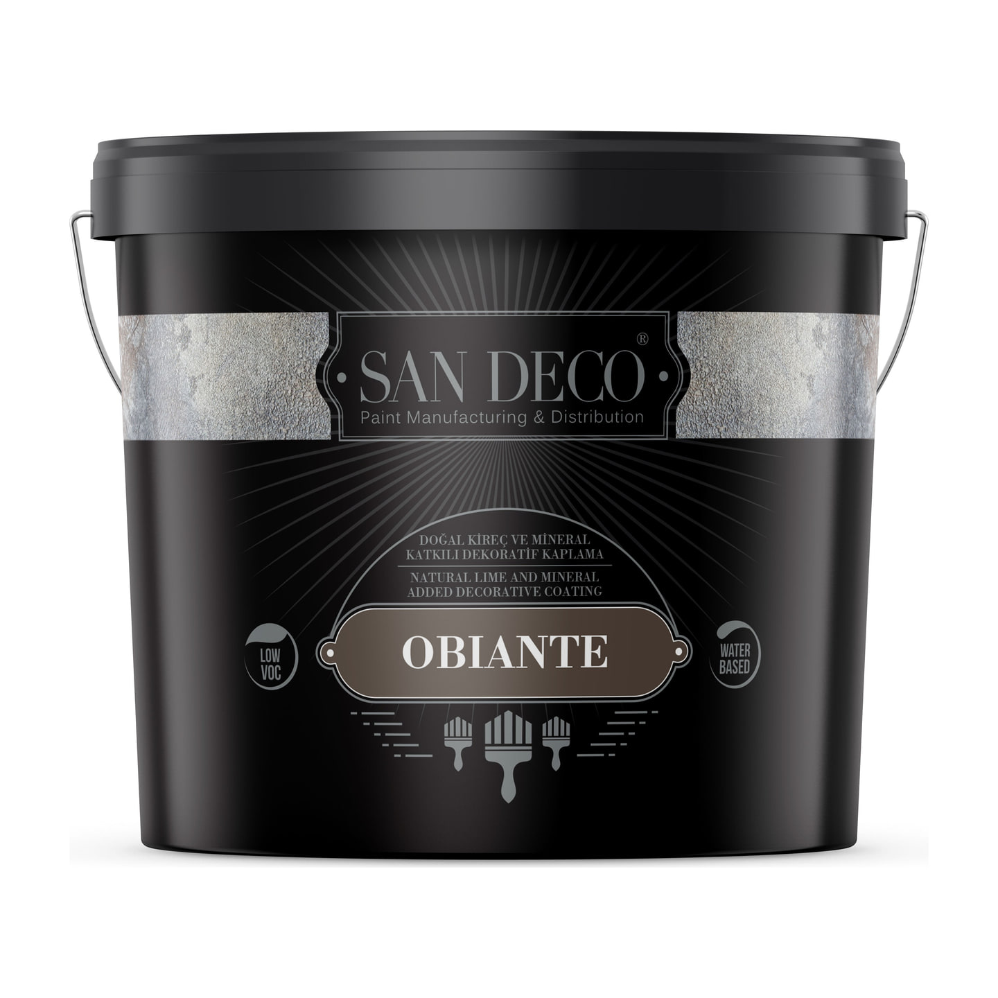 San Deco's own packshot of the Obiante lime coating tub, mineral-textured label band.