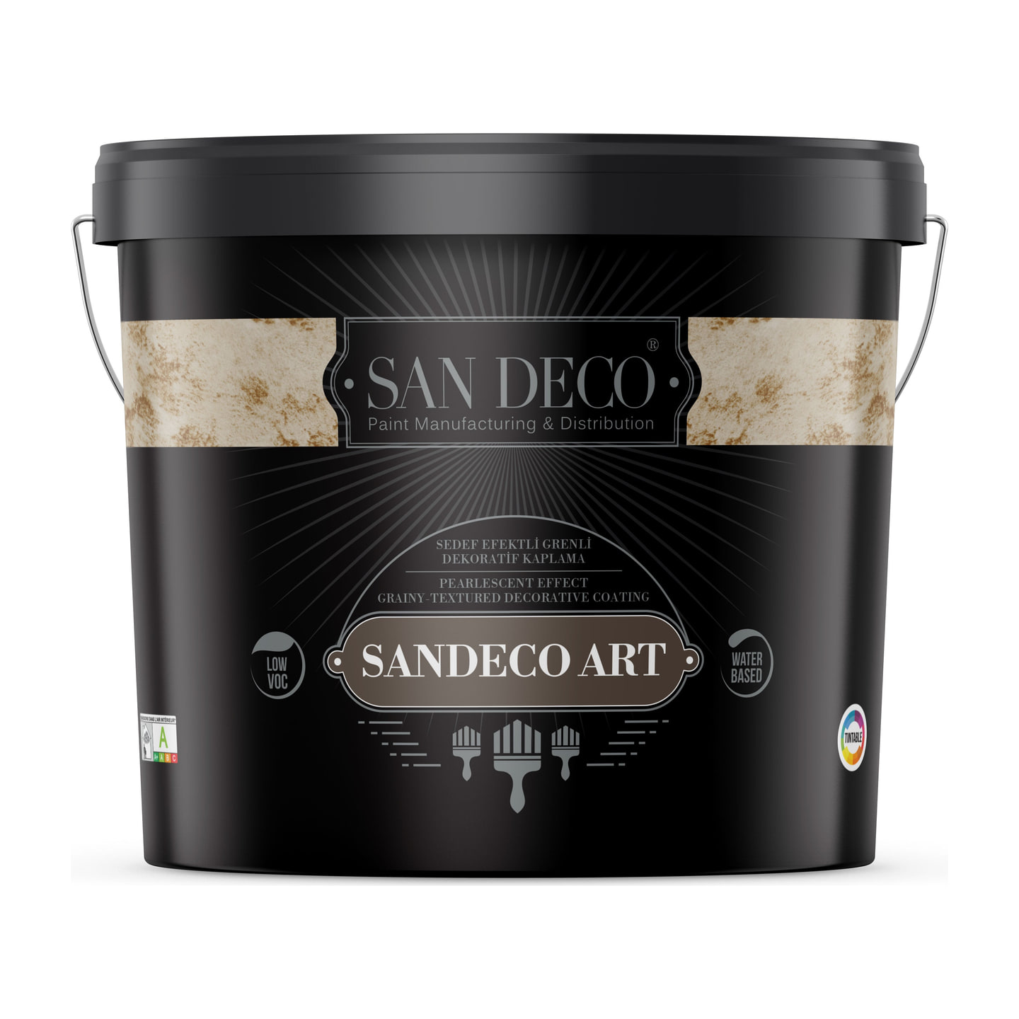 San Deco's own packshot of the Sandeco Art tub, textured pearlescent label band.