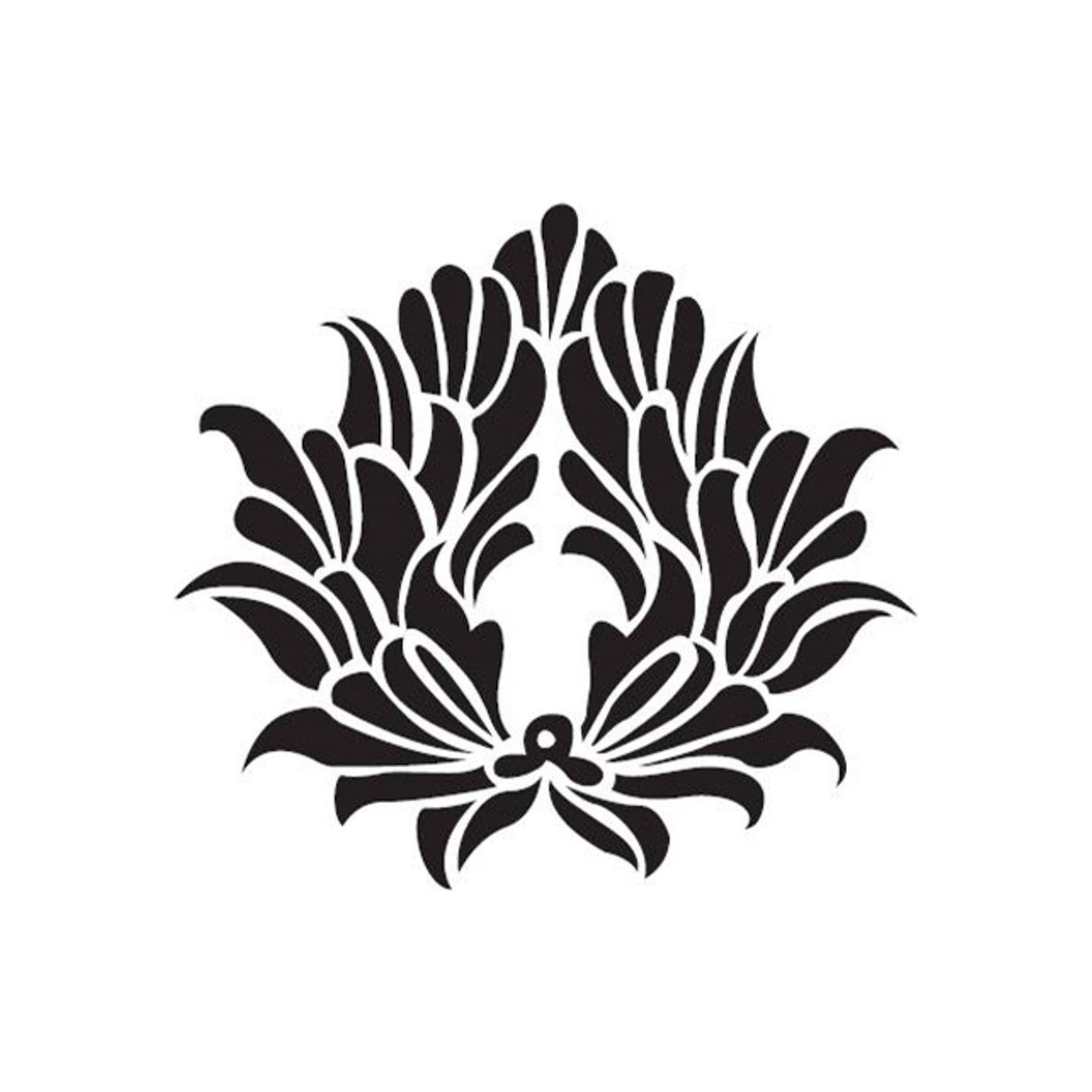 San Deco's published Damasko stencil — a damask palmette motif cut in black on white.