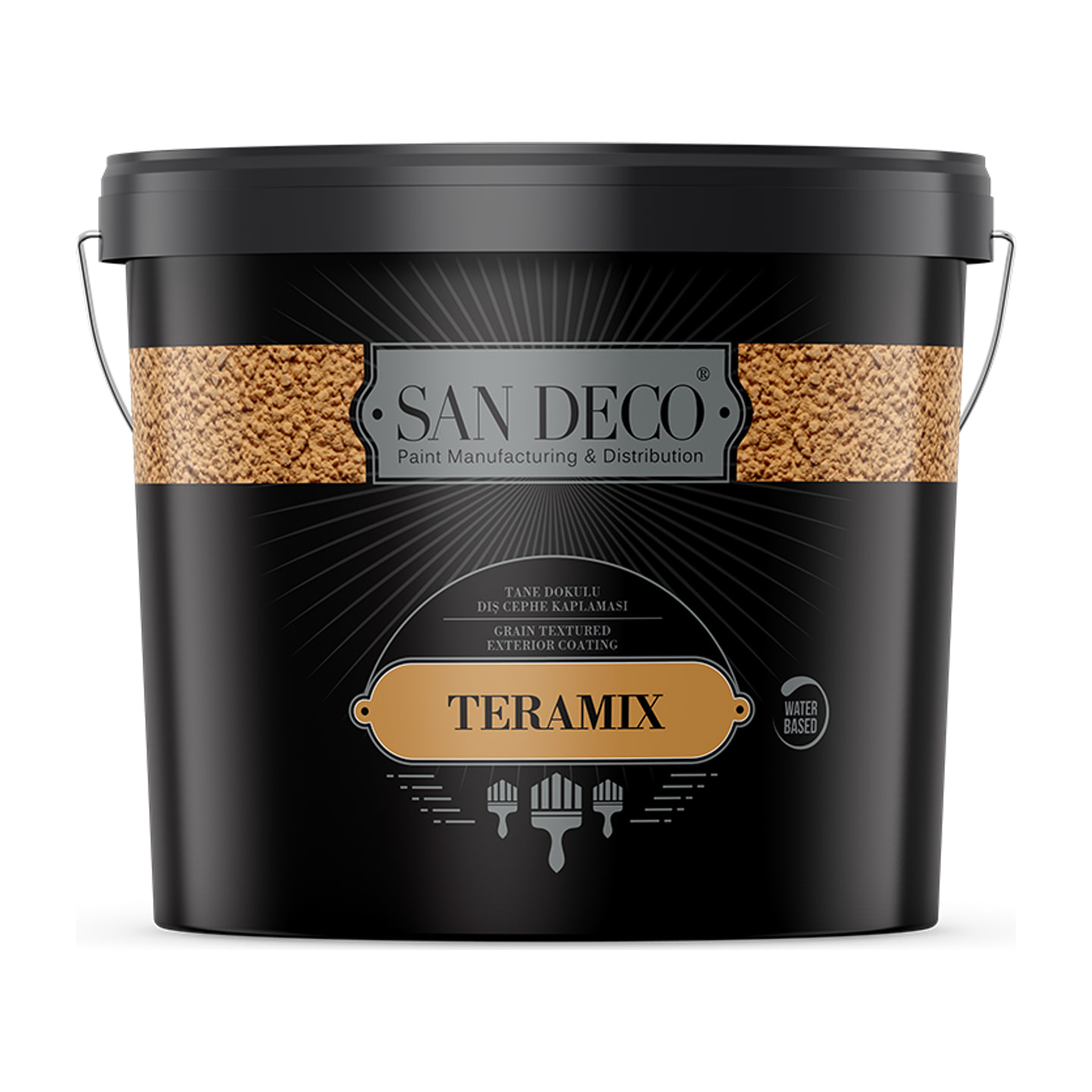 San Deco's own packshot of the Teramix tub, grain-textured label band reading GRAIN TEXTURED EXTERIOR COATING.
