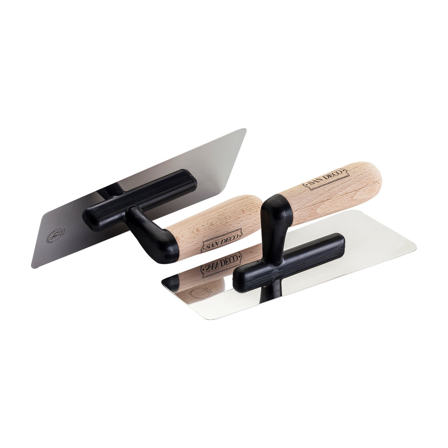 San Deco's own product shot of the stainless steel finishing trowels — mirror-polished blades, brass necks, beech handles.