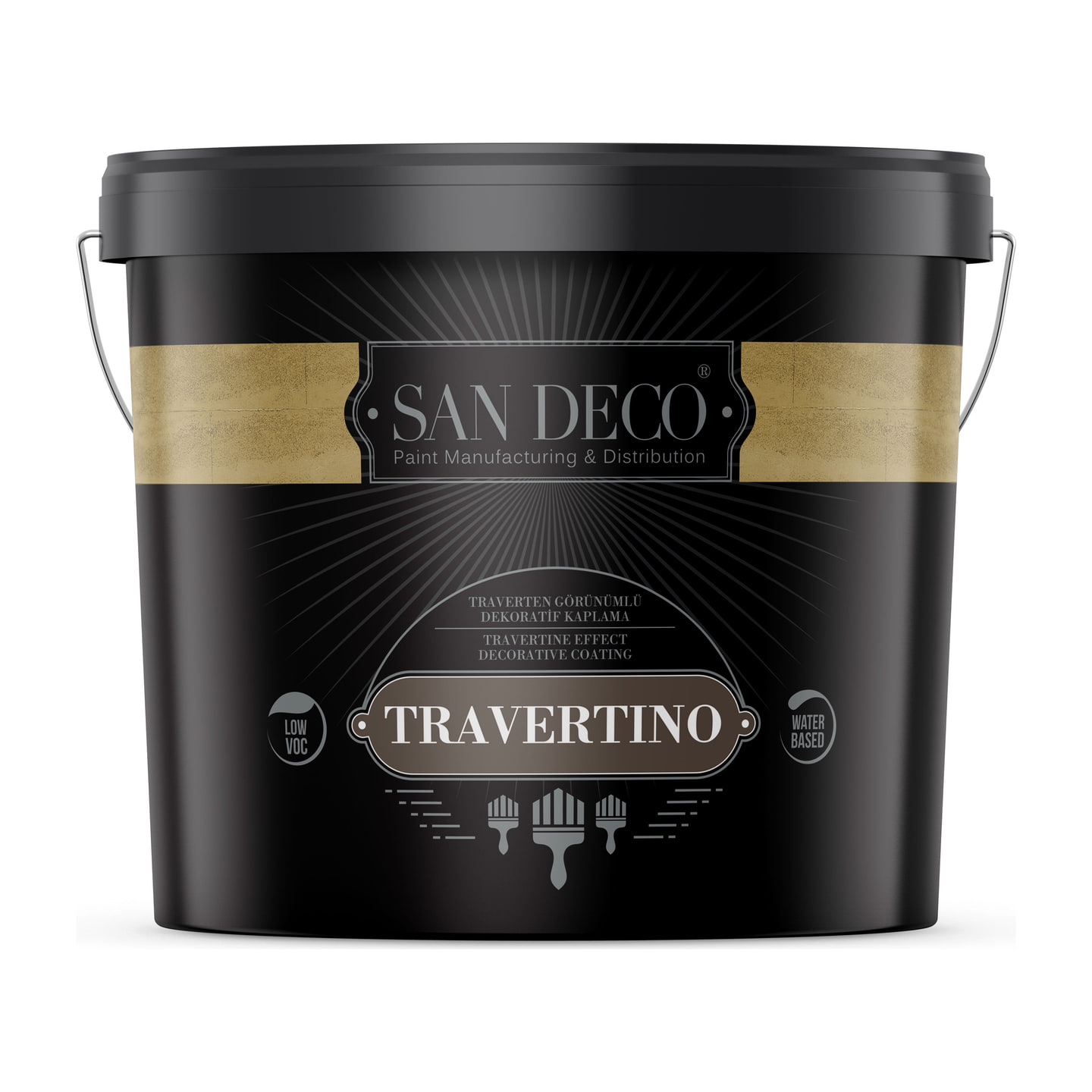 San Deco's own packshot of the Travertino tub, stone-textured label band.