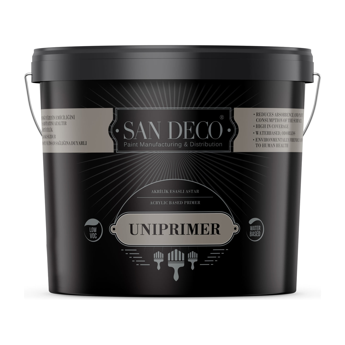 San Deco's own packshot of the Uniprimer acrylic primer tub.