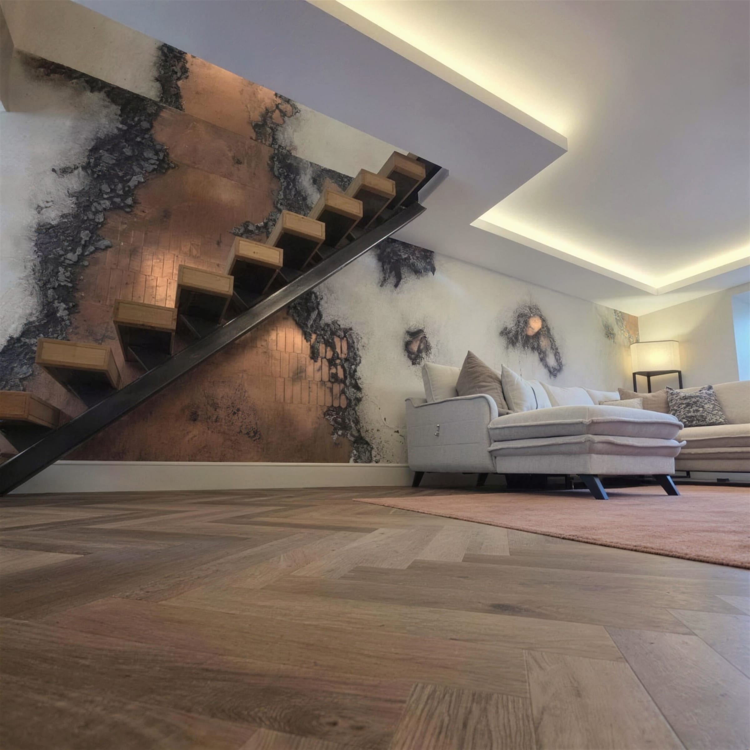 Open-tread timber staircase cutting across a dramatic copper and charcoal oxidised plaster feature wall, over herringbone flooring and cove-lit ceiling.