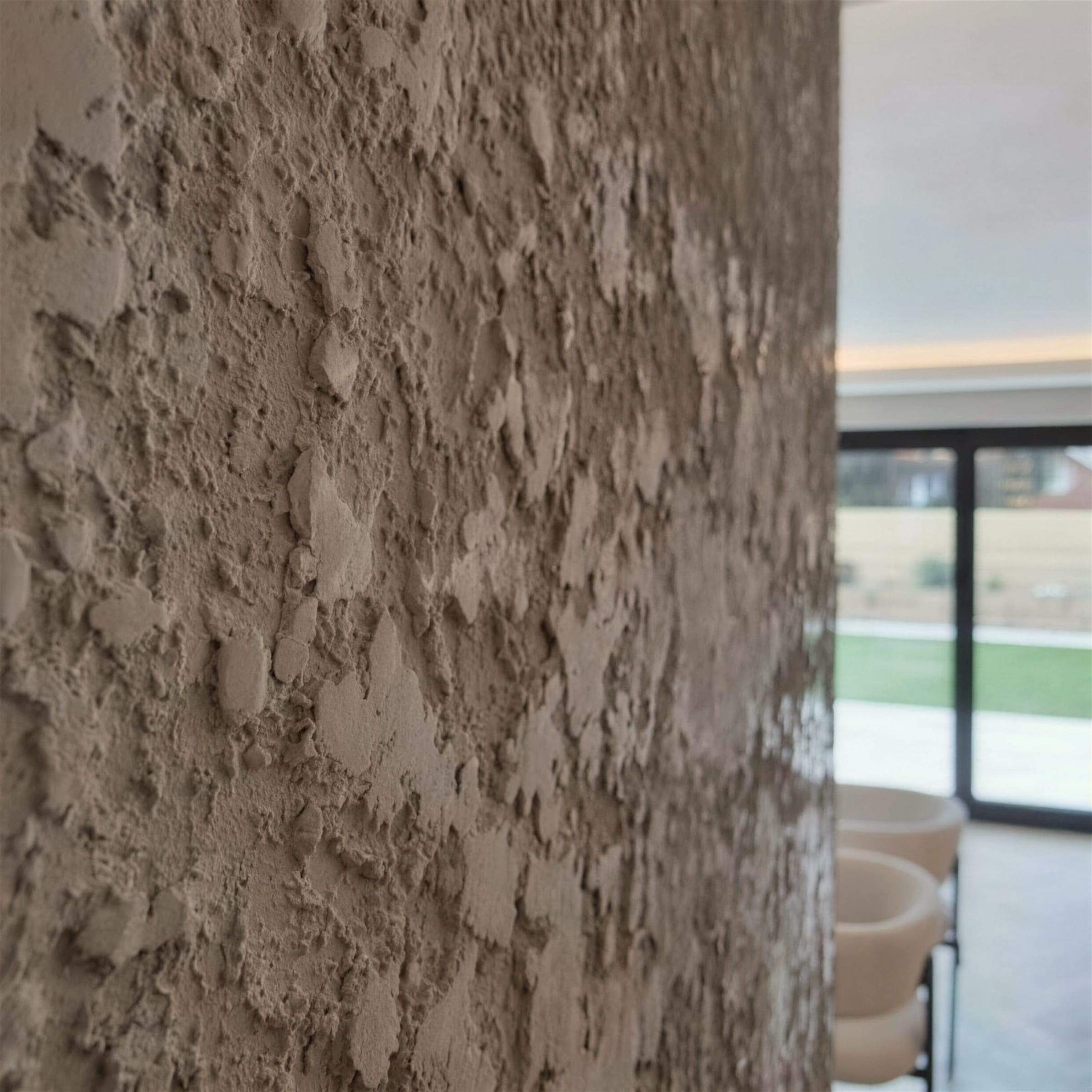 Close detail of deeply troweled rustic travertine plaster in warm taupe, with soft-focus glazed doors and garden light behind.