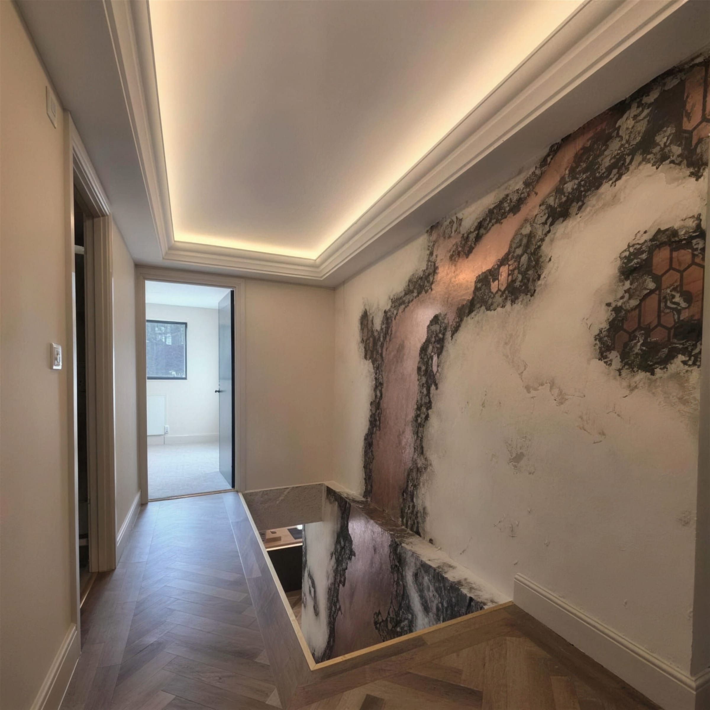 Upstairs landing under a warm LED cove ceiling, the copper and charcoal oxidised plaster wall sweeping down into the stair void over herringbone oak.