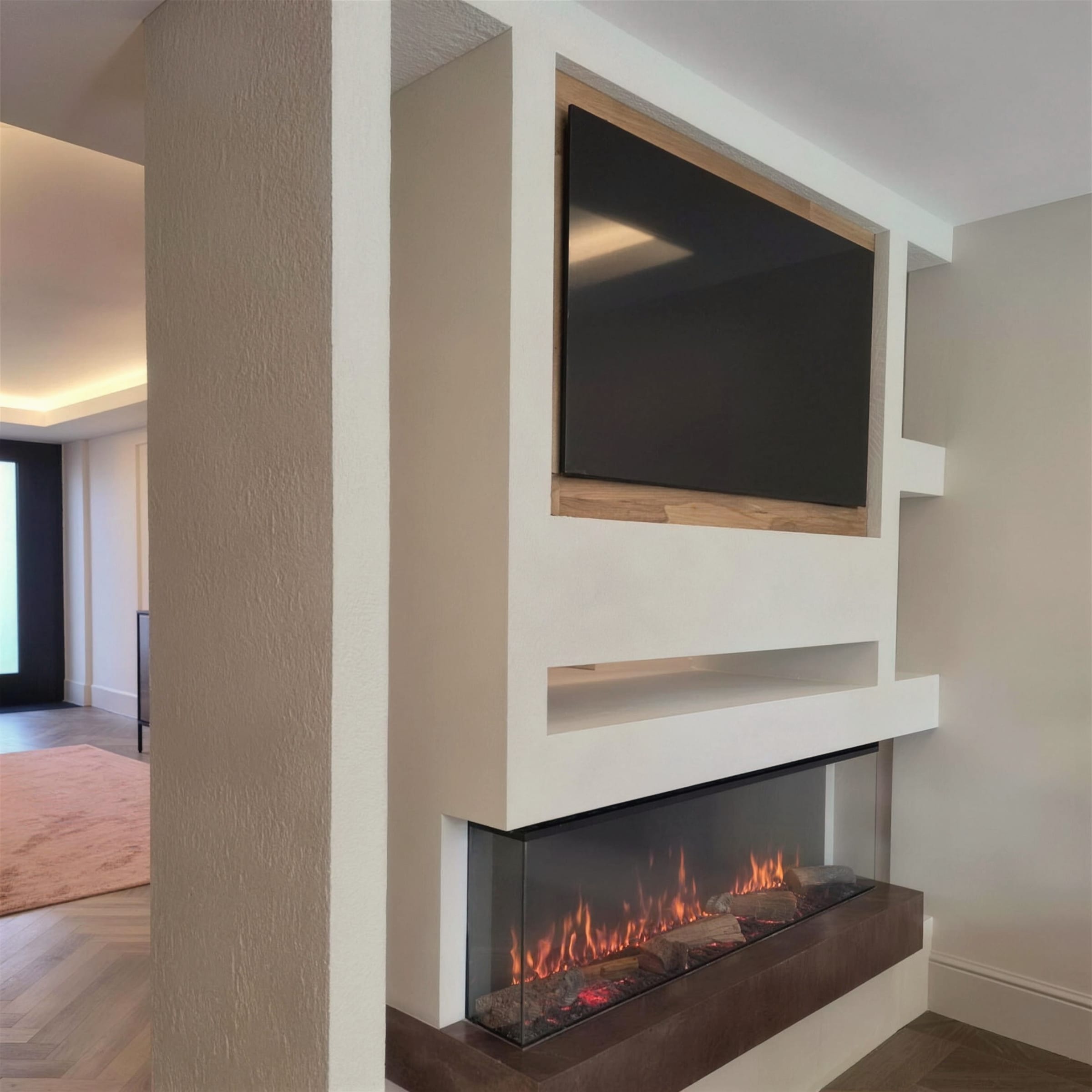 Cream textured-plaster media wall with recessed TV, oak trim and a lit three-sided electric fire on a bronze hearth.