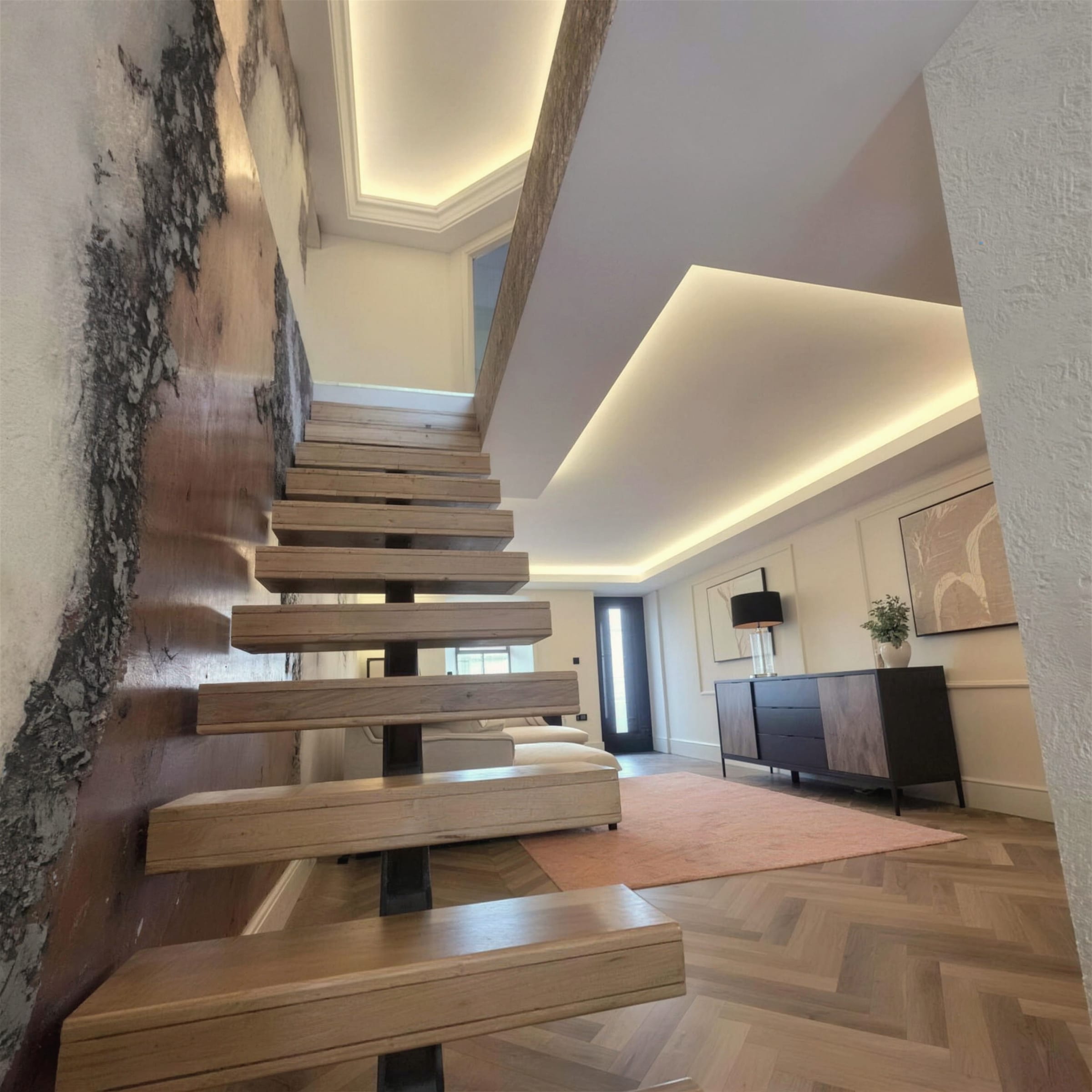 Floating oak staircase climbing past a full-height oxidised copper and black metallic plaster wall, with layered warm LED coves lighting the hall beyond.