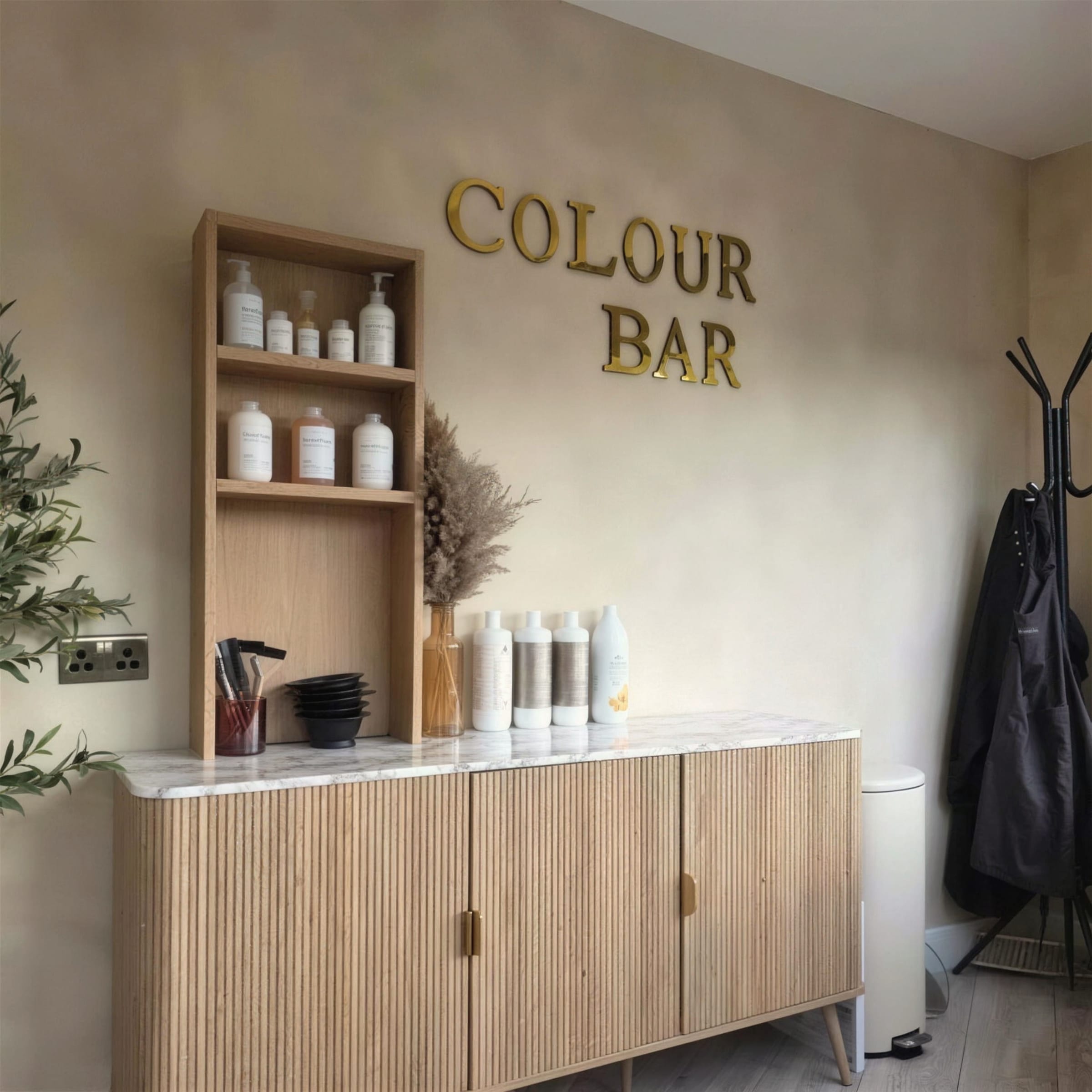 Gold Colour Bar lettering on a limewash plaster wall above a fluted oak marble-topped cabinet styled with products.