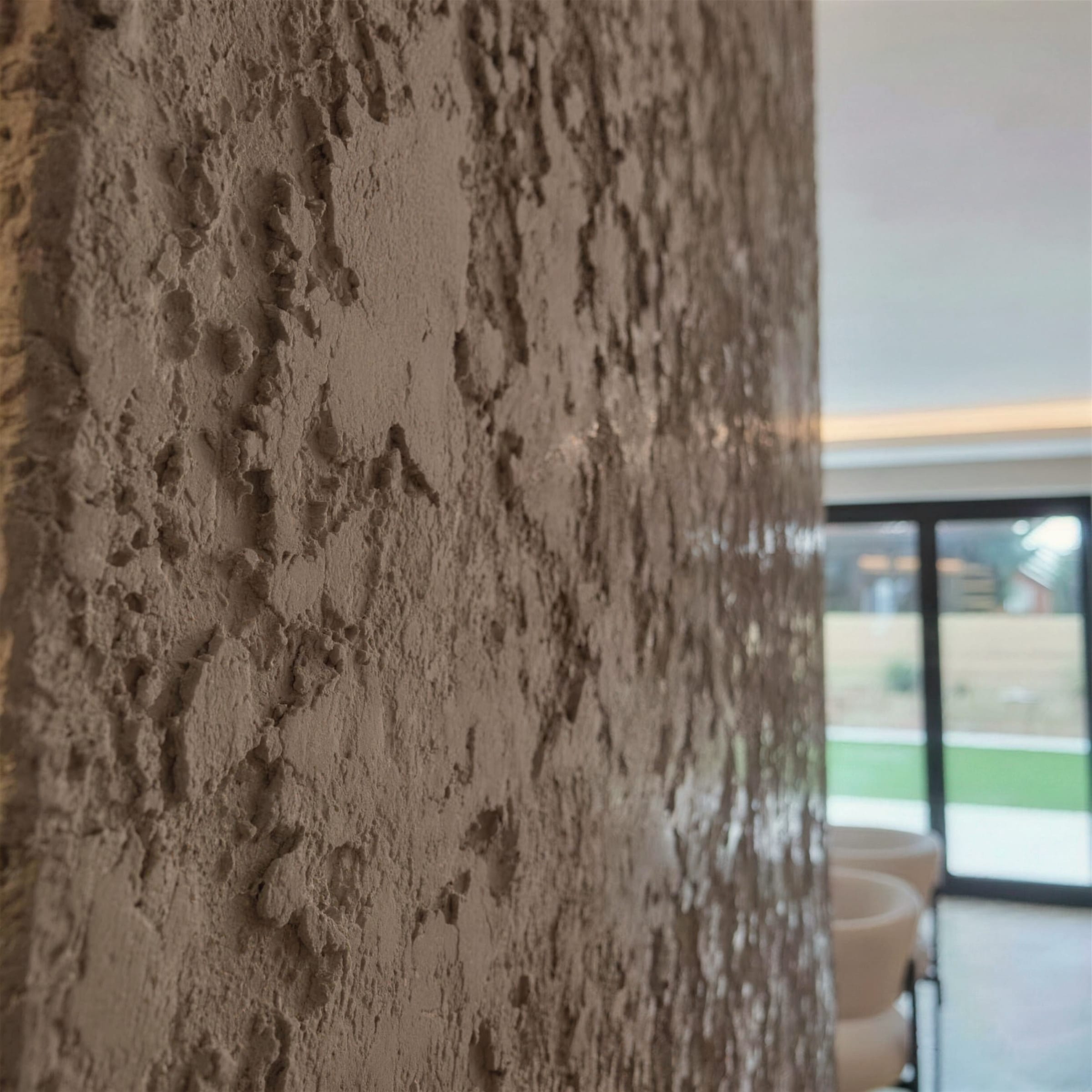 Macro of a deeply textured travertine-effect plaster wall catching side light, its glossy edge dissolving into a soft-focus garden window and interior beyond.
